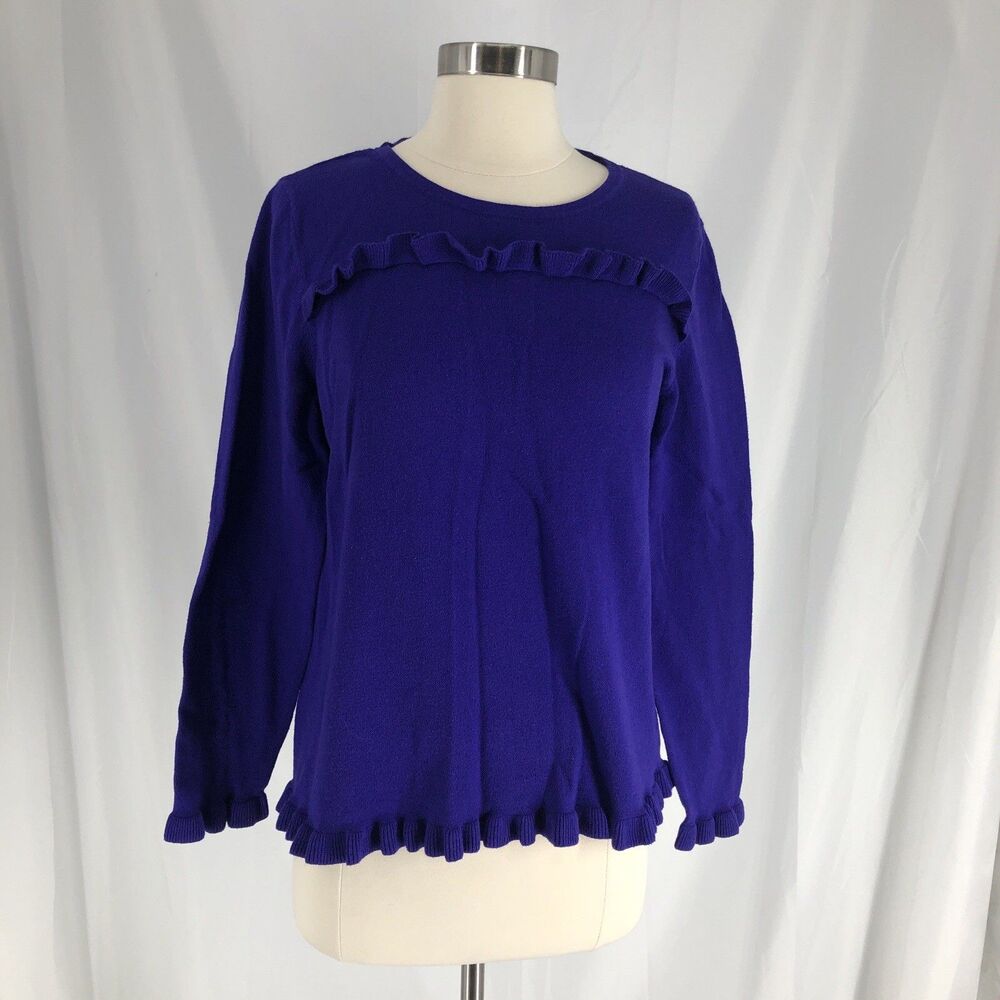 Talbots Indigo Blue Ruffle Hem Round Neck Sweater Size Large Preppy